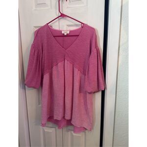 ODDI Women's V-Neck Puff Sleeve Sheer Babydoll Tunic Top Blouse Pink Size Small